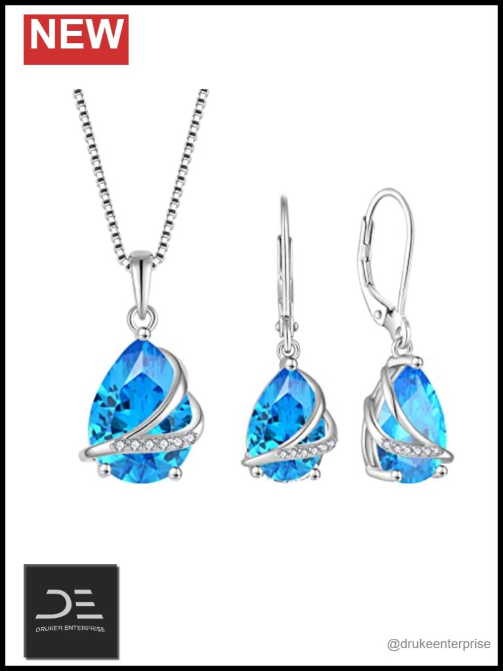 925 Sterling Silver Aquamarine Necklace & Earrings Jewelry Set Women's